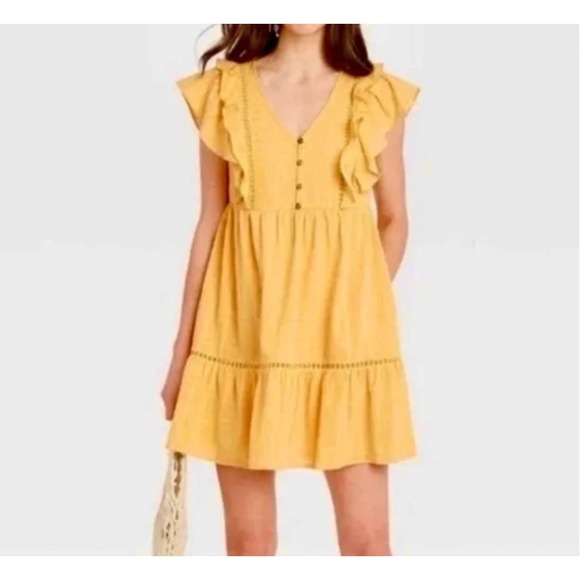 Knox Rose Women's Yellow Sleeveless Ruffle Trim Button Front Mini Dress Small - Picture 1 of 8